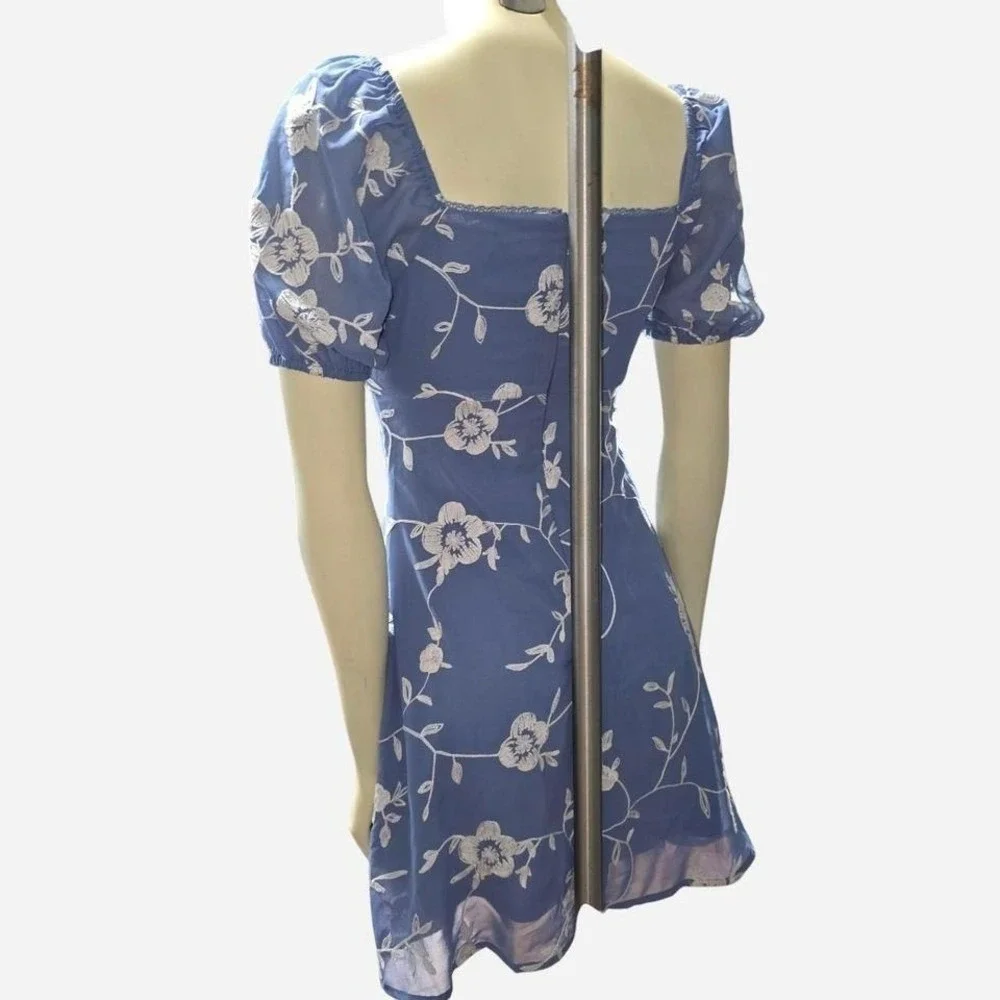 Altar'd‎ State Floral Mini Dress Womens XS Blue Puff Sleeve Cottagecore